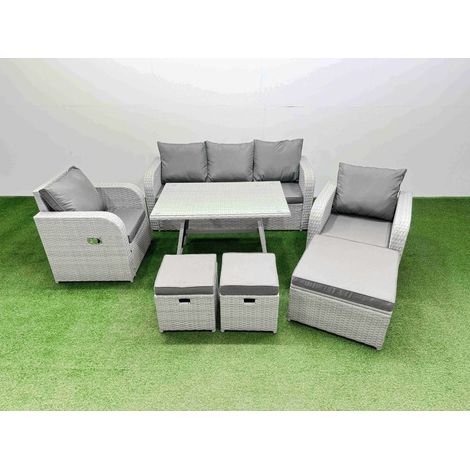 Fimous Reclining Chair 3 Seat Sofa Set Garden Furniture Set with Rectangular Dining Table 3 Footstools Light Grey (1/4)