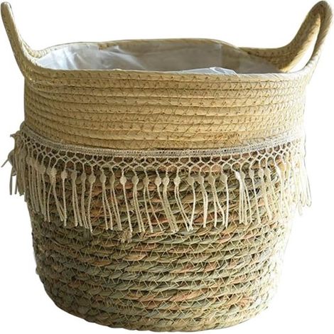 Panier tressé en jonc de mer - Pot de fleurs - Pot de fleurs d'intérieur - Jardinière - Panier de rangement en rotin naturel pour la décoration intérieure - Style bohème pour chambre ou salle de bain (1/5)