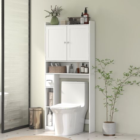 Badezimmerschrank für über Toilette oder Waschmaschine, 2 Türen, 3 Fächer, Toilettenpapierhalter, 80 x 19,5 x 170 cm, weiß