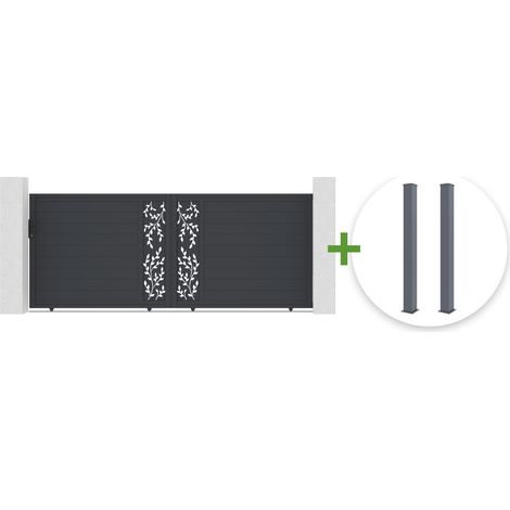 FOLYA 4 m Schiebetor, 160 cm hoch, graues Aluminium + 2 Pfosten 15x15 cm, 190 cm hoch