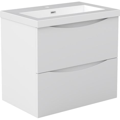 Meuble de Salle de Bain Suspendu Blanc Mat 60cm avec 2 Tiroirs Silencieux, Vasque Résine, Résistant à l'Humidité, Design Moderne (1/5)