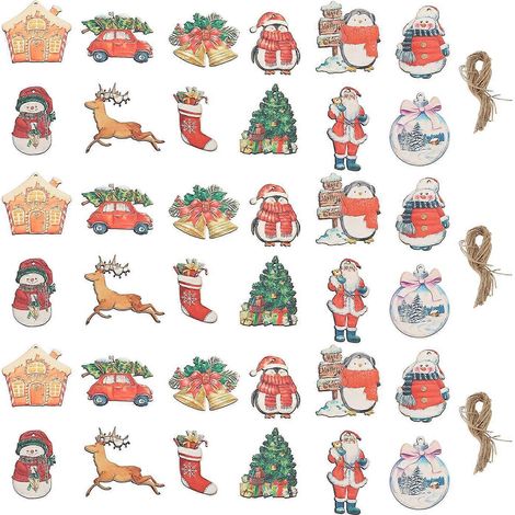 Ensemble de 36 décorations de Noël à suspendre, comprenant un adorable bonhomme de neige en bois, des rennes et des cloches de Noël pour le salon.
