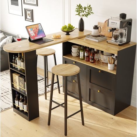 Set tavolo alto con vano contenitore e 2 sgabelli da bar neri effetto legno DESVIAE (1/5)