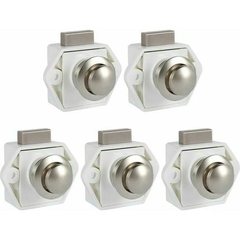 Lot de 5 Boutons Poussoirs Loquets sans Clé - Serrures de Porte Meuble Fermeture pour RV, Caravane, Placard, Meuble d'Épaisseur (Blanc) (1/5)