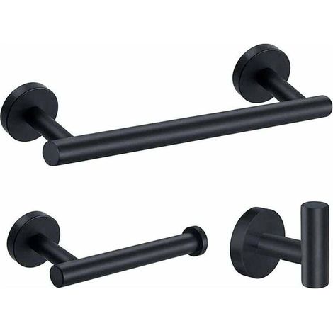3 Pcs Porte-Serviettes Inoxydable Chrome Porte-Serviettes Mural Sets D'accessoires de Salle de Bains 12"/305mm Porte Serviette + Support Papier Toilettes + Crochets Serviettes (Noir) (1/5)