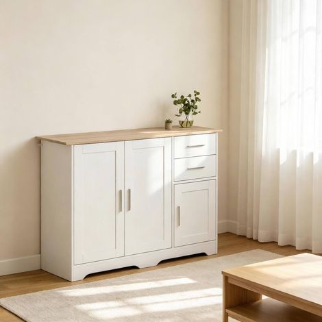 Credenza contenitore 100 x 40 x 78 cm bianca e effetto legno naturale DESVIAE (1/5)
