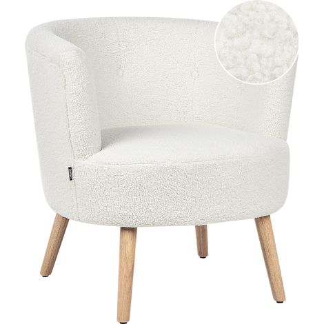 Sillón tapizado de bouclé blanco con respaldo bajo estilo retro sala de estar Odenzen