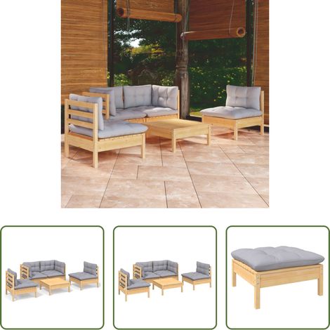 Terrassensofa - 5-tlg. Garten-Lounge-Set mit Grauen Kissen Kiefer Massivholz (1/5)