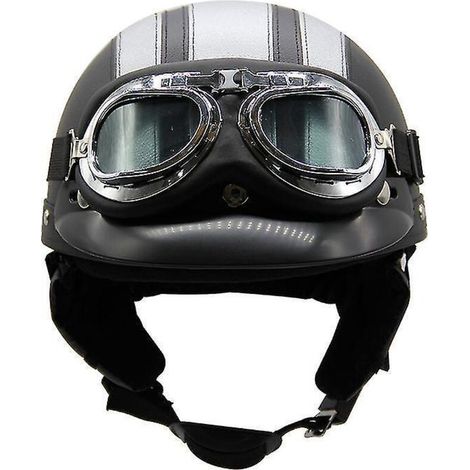 Casque de moto d'été léger en cuir style rétro Harley, avec lunettes de sécurité, demi-casque tendance, pour véhicules électriques, noir et argent. (1/3)