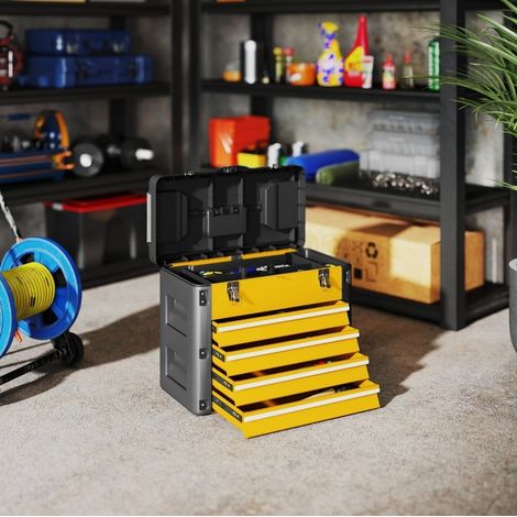 Cassettiera porta attrezzi vuota in acciaio e plastica, 4 cassetti, 49,7 x 25,3 x 40,7 cm, gialla (1/5)