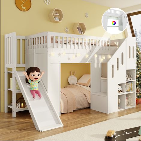 Letto a soppalco per bambini 90x200 cm con scivolo, scala contenitore, LED, pino bianco (1/5)