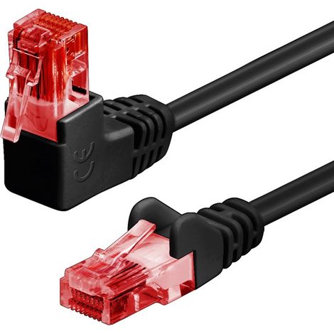 CAT 6 cavo patch 1x 90° angolato U/UTP, nero, conduttore di alluminio placcato di rame (CCA), protezione fermo sopra. Lunghezza del Cavo 0.25 m (1/4)