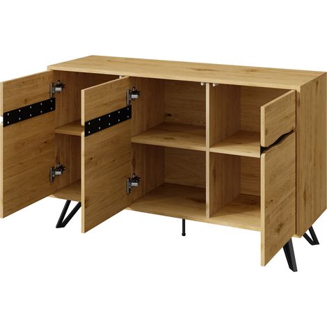 Credenza a 3 ante effetto legno con gambe in metallo nero, 140 x 40 x 75,5 cm, MODENUIT (1/5)