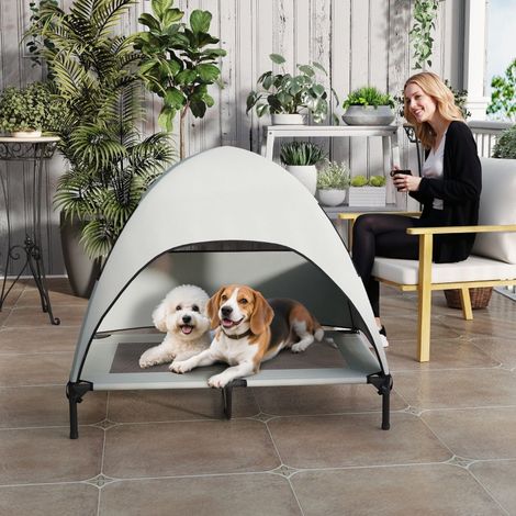Cama elevada para perros con techo, 106x76x99 cm, protección solar, transpirable, poliéster café (1/5)