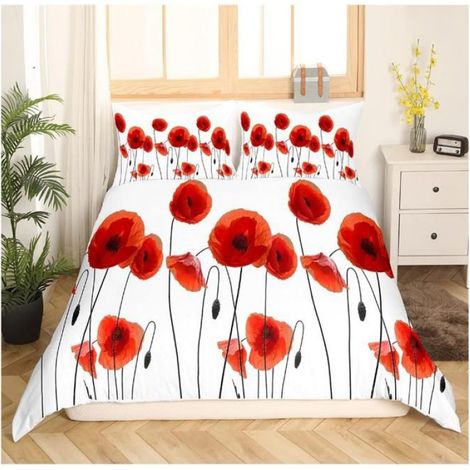 Parure Coquelicot Housse de Couette Chic Fleurs Rouges Parure de Lit 200x200cm Jardin Botanique Literie Housse de Couette - U9K (1/4)