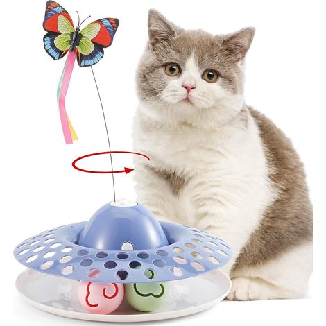 Jouet interactif pour chats avec papillon pivotant à 360°, Jouet automatique pour chats papillon bleu avec Kring Ball et Catnip Ball