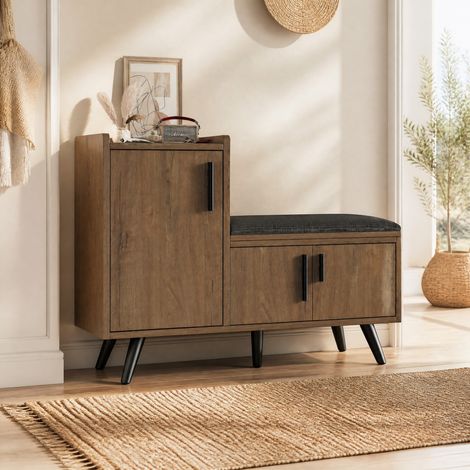 Banco zapatero con 3 puertas, asiento acolchado y estantes regulables, 100 x 34 x 69 cm, natural (1/5)