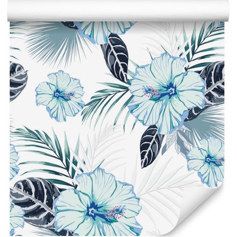 Papel pintado con flores y hojas de hibisco para salón y dormitorio, 50x1000 cm. (1/5)