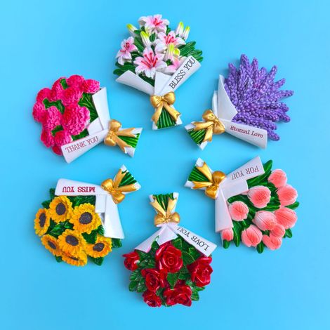 Set mit 6 Kühlschrankmagneten – Kühlschrankpersonalisierung – Blumenaufkleber für Whiteboards, Küchen und Büros – Küchendekoration (Tulpenstrauß/Sonnenblumenstrauß/Rosenstrauß/Lilienstrauß/Nelkenstrau