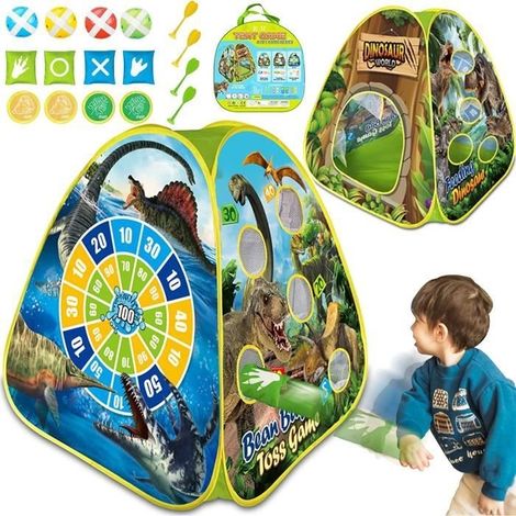 (Dinosaurier) 4-in-1 Dinosaurier-Zelt für Kinder, Pop-up-Zelt für drinnen und draußen mit Sitzsack-/Dartspiel für Jungen und Mädchen