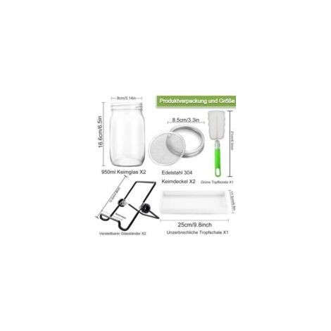 QORVA-Bocaux à Germer De, 950 ML Germoir en Verre avec, Germoir pour Graines à Germer, 2 Grilles, 2 Supports, 1 Bol De Germination, Bocal à Germes pour Brocoli, Eau CéLeri, Luzerne, Haricots Verts