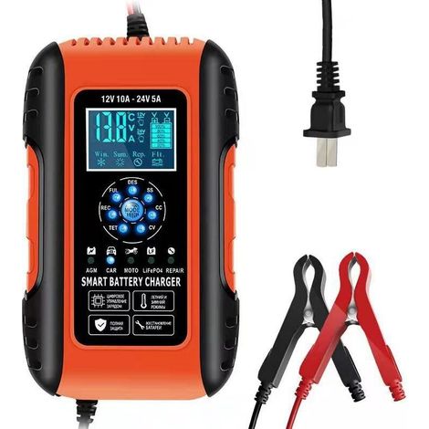 YMYNY Intelligentes Batterieladegerät 10 A 12 V/5 A 24 V, Batterieladegerät Wartung und automatische Reparatur, tragbare Funktion mit LCD-Display, für Auto, Motorrad, LKW, AGM, Gel, Nass, SLA (1/4)