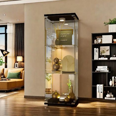 Vitrine en verre avec LED, 3 étagères, 1 porte, design moderne, verrouillable (1/5)