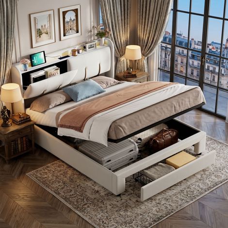 Lit double capitonné avec éclairage LED et USB et tête de lit escamotable, coffre et tiroirs, coffre de rangement avec sommier à lattes en bois, velours (Beige, 160x200 cm)