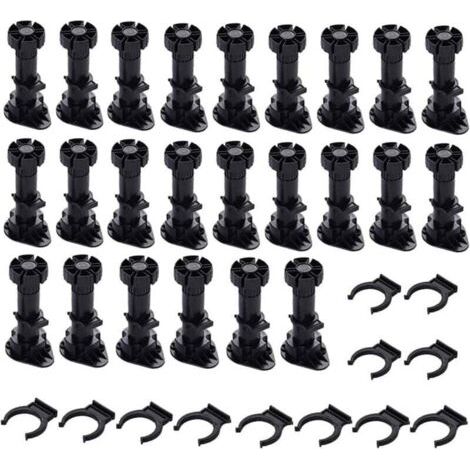 24 pieds Pieds D'Armoire Plastique,Pied de Meuble,Pied Réglable pour Meuble,Noir Pieds de Meuble Plastique avec Clip Fixation Base pour Meubles de Cuisine,Armoire et Canapé (120mm-150mm) (1/5)