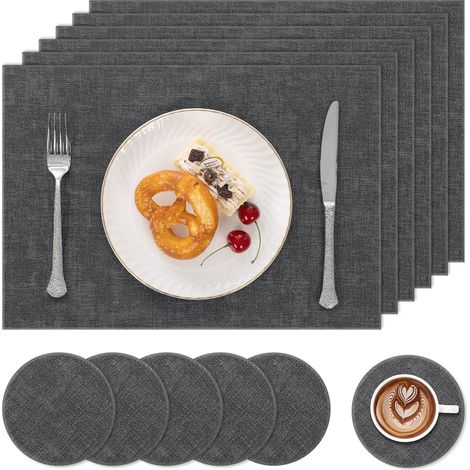 Lot de 6 Sets de Table en Cuir lavables avec Dessous de Verre, résistants à la Chaleur, antidérapants, imperméables, lavables, Double Face, pour Cuisine, Assiette, Table, Gris foncé (1/5)