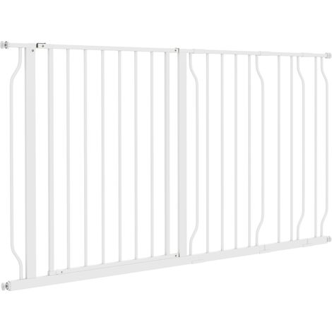 Barrière de sécurité pour chien, extensible 75–145 x 76 cm, pour escalier, couloir ou porte, sans perçage, en acier et ABS, blanche.