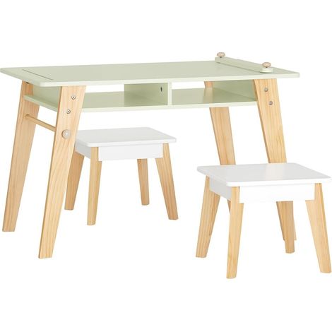 Sobuy – Ensemble table enfant 80x44x50cm + 2 tabourets 30x31x26cm – KMB92GR – 3 pièces avec porte-rouleau et compartiments de rangement (1/5)