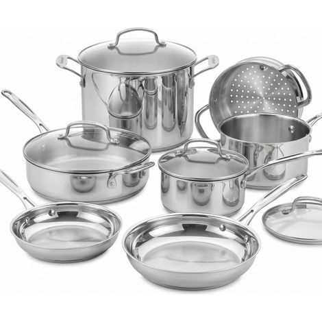 Batterie inox 11 pcs : casseroles, poêles, faitout, vapeur Induction Fond alu Poignées Marquages Couvercles verre Lave-vaisselle - 7711G (1/5)