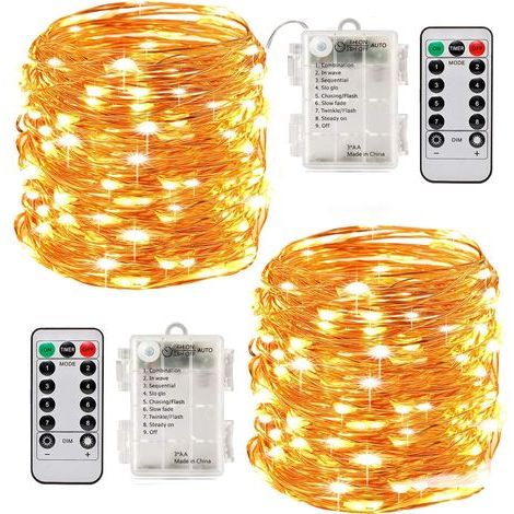 Guirlande lumineuse LED à piles (2 pièces), 100 LED, 10 m, étanche, 8 modes d'éclairage, avec télécommande (blanc chaud) (1/5)
