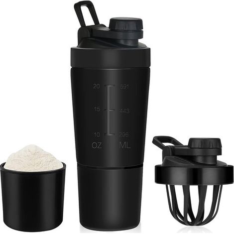 Batidora de proteínas de acero inoxidable, 700 + 200 ml, con compartimento para polvo, ideal para deportes y fitness.