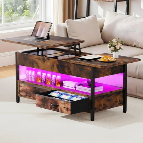 Table basse relevable en bois 106 cm – Plateau élévateur, 2 tiroirs, espace de rangement et éclairage LED RVB pour salon (1/5)