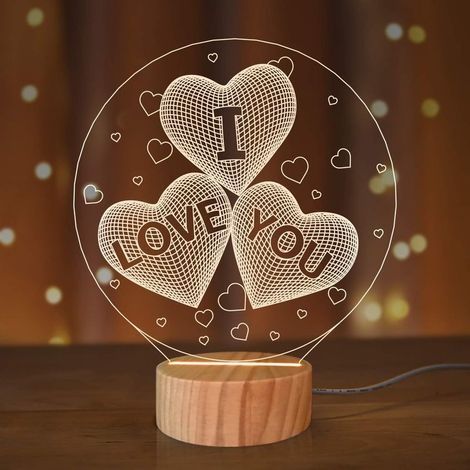 Veilleuse 3D LED Illusion cœur I Love You Lampe de table pour fille ou femme Cadeau romantique (1/5)
