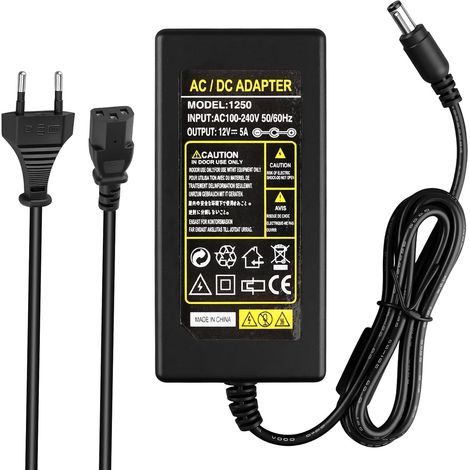 Alimentation 12V 5A Transformateur AC 100V-240V à DC 12 Volt 60W Prise EU Transformateur d'alimentation LED Adaptateur pour 5050 3528 2835 Bande LED Lumières CCTV Moniteur TFT (5.5x2.5/2.1 mm) (1/5)