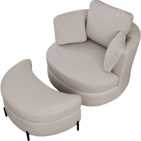 Fauteuil surdimensionné moderne avec repose-pieds de rangement en forme de lune, en chenille beige, 3 coussins indépendants, rembourrage haute élasticité – fauteuil de lecture confortable pour salon
