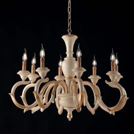 Araña en madera marfil y pan de oro ocho luces 93x h65 cm