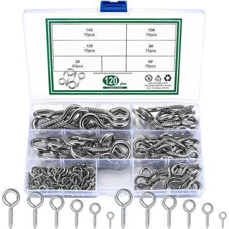 120 Pièces Boulon à Oeil, Crochet à Visser, Piton à Oeillet, Crochet Porte Oeil, Piton de Fixation à Visser avec Filetage pour Décaration Suspension (argent) (plata) (1/5)