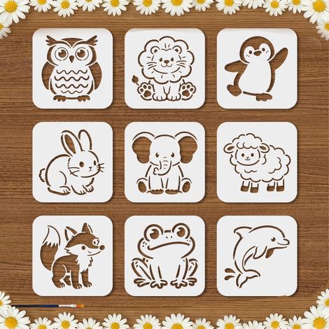 Lot de 9 Pochoirs Réutilisables Animaux Hibou Lion Pingouin Lapin Éléphant Mouton Renard Grenouille Dauphin pour Peinture 15x15cm avec Pinceau pour Mur Toile Scrapbook Déco (1/5)