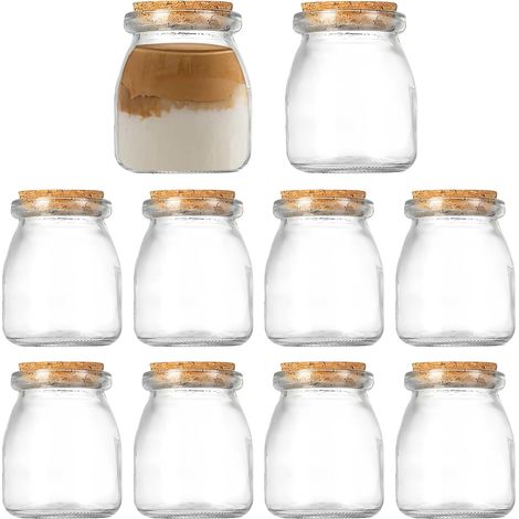 10 bocaux de 200 ml, pots à pudding avec couvercles en liège, pots à épices en verre, pots à confiture pour yaourt, conserves, bocaux de stockage (1/5)