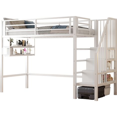 Lit mezzanine enfant métal blanc 90x200 cm avec étagères et échelle de rangement, garde-corps, sans matelas (1/5)