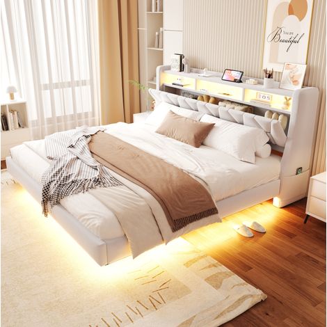 Cama doble 180x200 cm beige de terciopelo con cabecero abatible, LED y puertos de carga (1/5)