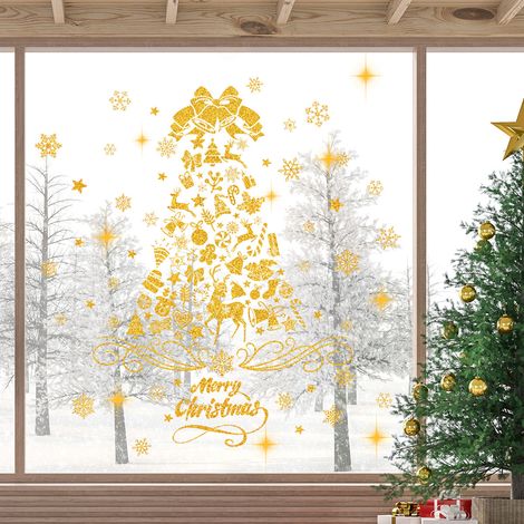 Lntyq Lot de 9 feuilles d'autocollants pour fenêtre en forme de sapin de Noël, étoile dorée, amovible et réutilisable pour fête de Noël - 9 feuilles x 20 cm x 30 cm (1/5)