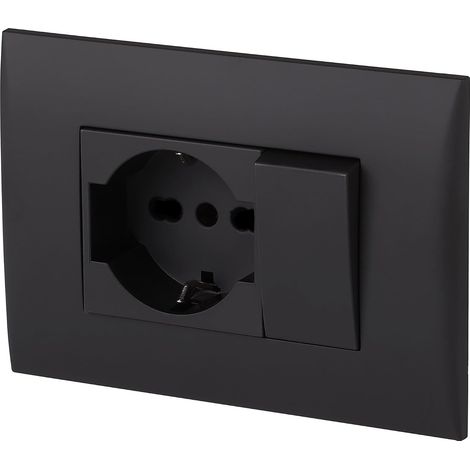 Bloc de prise universel + inverseur avec plaque/set plaque prémontée 1 prise universelle P40 16A + 1 inverseur 10A, deux vis de montage, noir (1/5)