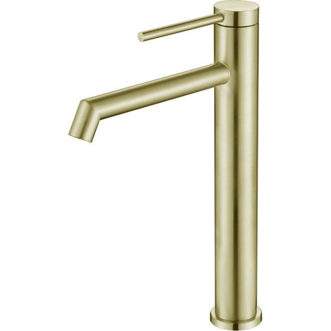 Hoher Waschtisch-Wasserhahn, Waschtischmischer aus gebürstetem Gold, Einhebelmischer, einstellbar heiß und kalt, gebürstetes Gold
