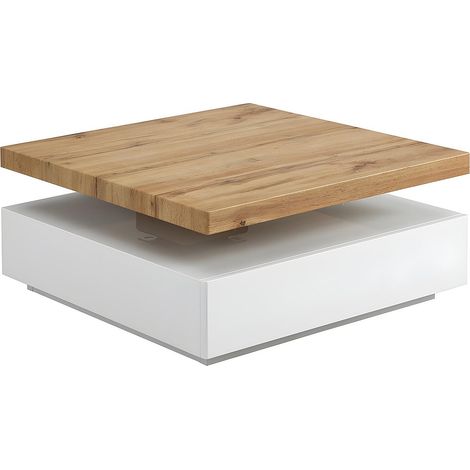 Vente-Unique – Table basse pivotante 80x80 cm avec 1 tiroir en MDF laqué – Blanc et naturel – Charge maximale 50 kg – Pour intérieur