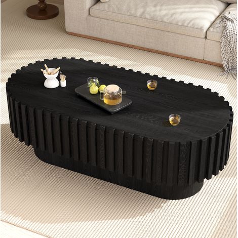 MODFU – Mesa de centro ovalada 100x50x35,5 cm de MDF con cajón, lamas verticales, esquinas redondeadas y base maciza – Negro (1/5)